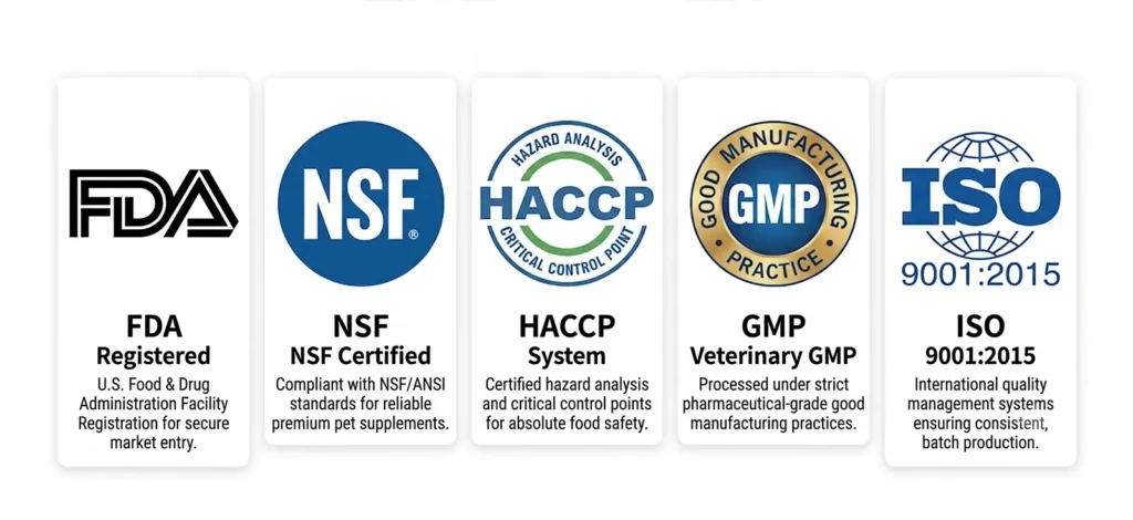 Global safety certifications for Gukepet supplement manufacturing, including FDA registration, NSF local certification, HACCP system, Veterinary GMP, and ISO 9001:2015.