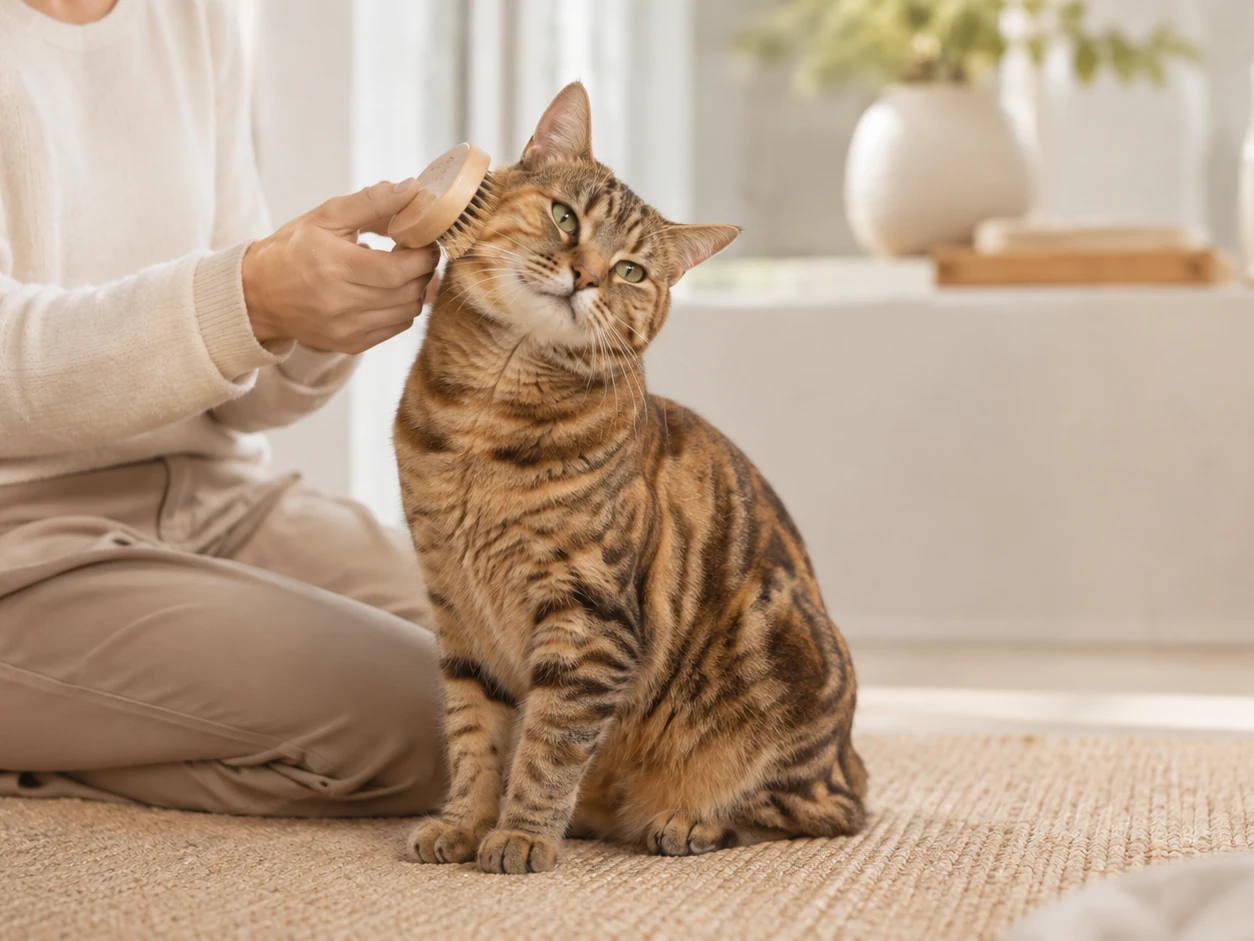 Cat grooming scene for skin and coat wellness