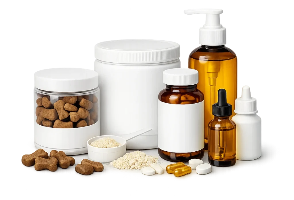 Unbranded pet supplement packaging and dosage forms for OEM and ODM projects, including soft chews, powder, capsules, tablets and liquid supplements.