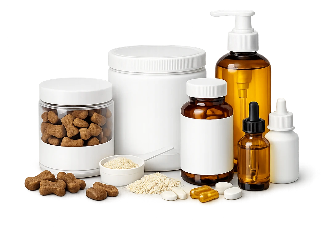 Unbranded pet supplement packaging and dosage forms for OEM and ODM projects, including soft chews, powder, capsules, tablets and liquid supplements.