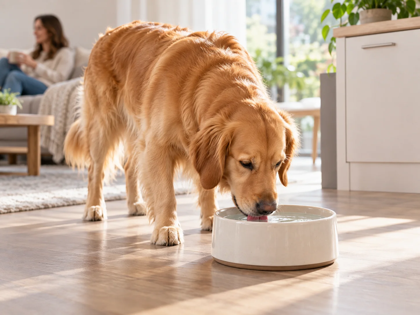 Golden Retriever drinking water from a bowl at home
